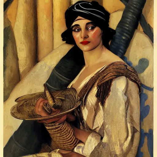 Image similar to portrait of a young snake charmer, morocco 1 9 2 0, by j. c. leyendecker, tamara de lempicka