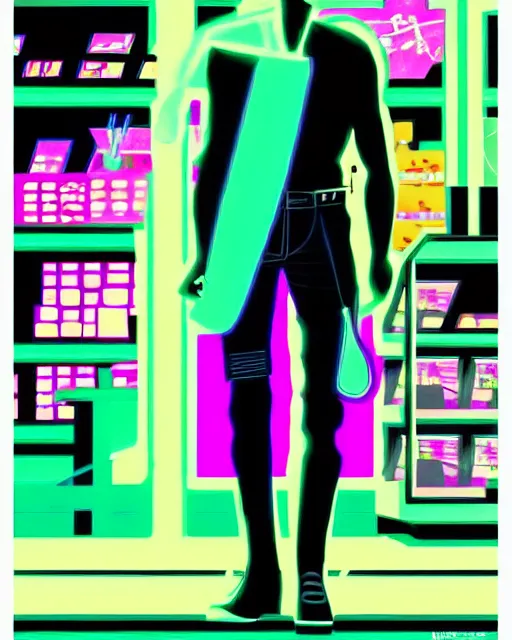 Prompt: cyberpunk man shopping at a neon soaked grocery store, science fiction painting, elegant intricate digital painting artstation, art by patrick nagel, detailed