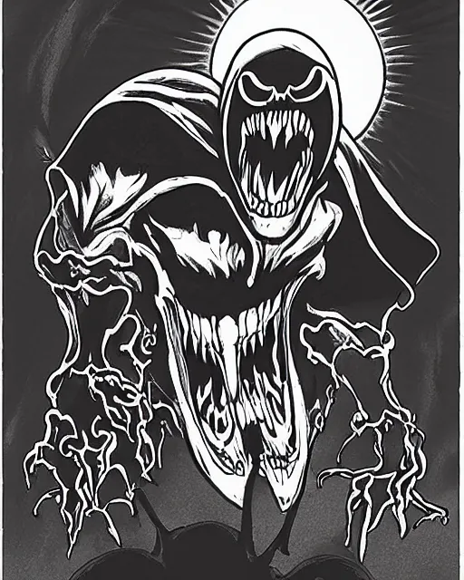 Image similar to the sun with venom's mouth and evil glowing eyes, dressed as the grim reaper, artwork by benjamin reichwald