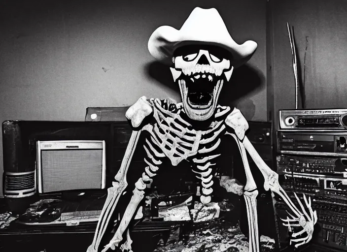 Prompt: a photo of an enraged skeleton in a cowboy costume angrily shouting into a microphone in a dirty old rundown radio station studio filled with radio equipment and piles of empty beer cans strewn about