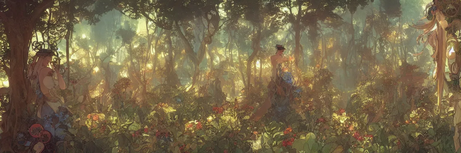 Image similar to A beautiful painting of a utopian garden and forest steampunk landscape by Alfons Maria Mucha and Julie Dillon and Makoto Shinkai