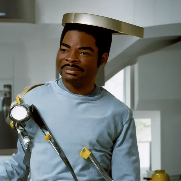 Image similar to geordi laforge wearing visor and a colander and random kitchen tools on his head