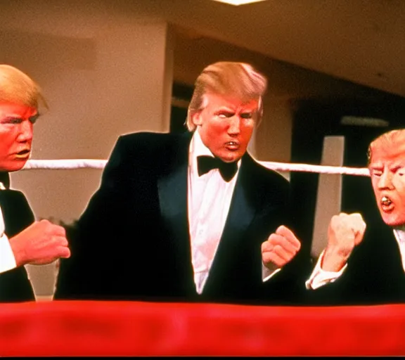 Prompt: color film still from rocky 1 9 7 6 of joe biden and donald trump, boxing ring, fighting, punching