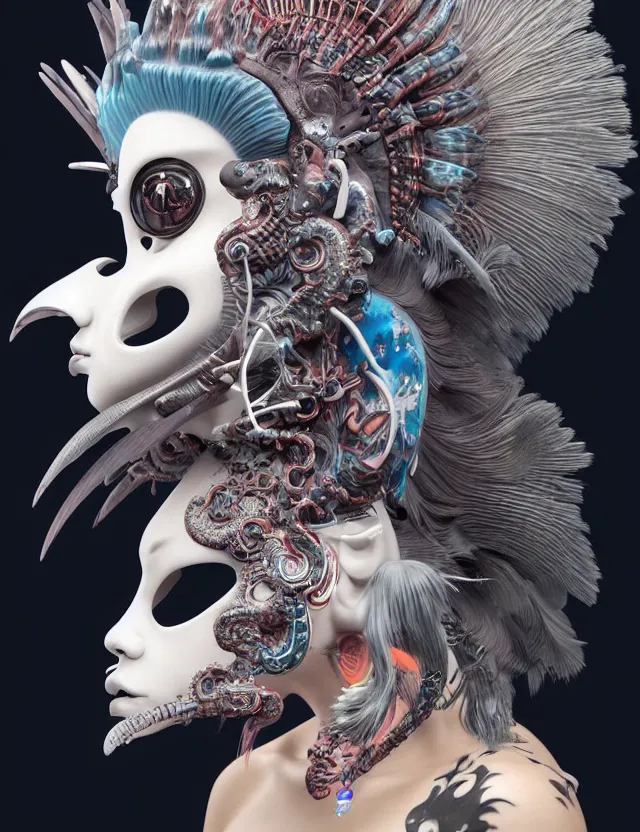 Image similar to 3 d goddess close - up profile portrait punk with mohawk with ram skull. beautiful intricately detailed japanese crow kitsune mask and clasical japanese kimono. betta fish, jellyfish phoenix, bio luminescent, plasma, ice, water, wind, creature, artwork by tooth wu and wlop and beeple and greg rutkowski