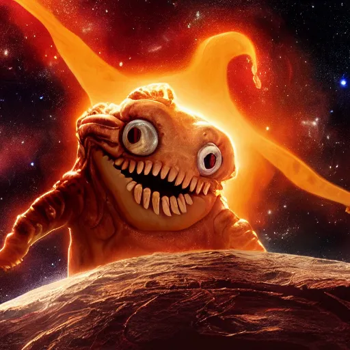 Image similar to one eldritch horror bloody garfield in space, galaxy, hd, 8 k, giant, epic, realistic photo, unreal engine, stars, prophecy, powerful, cinematic lighting, destroyed planet, debris, violent, sinister, ray tracing, dynamic, print, epic composition, dark, horrific, teeth, grotesque, scary, monochrome drawing