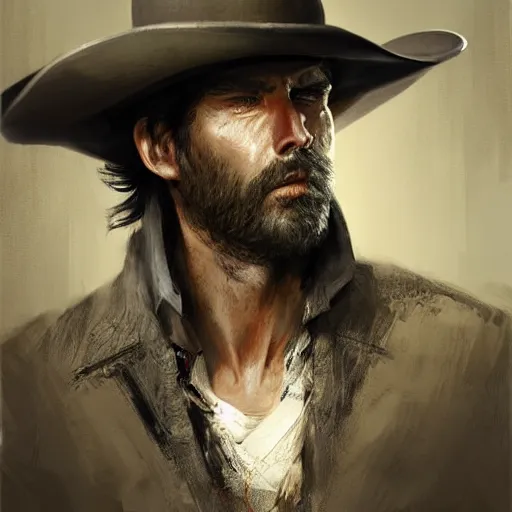 Image similar to portrait of a man with a long duster, almost grey hair and a cowboy hat, harsh good looking face, drawn by Ruan Jia, fantasy art, dramatic lighting, digital art,highly detailed