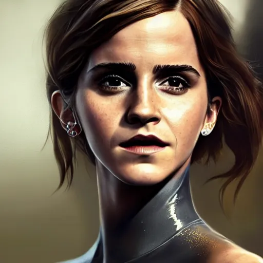 Image similar to highly detailed painting of emma watson wearing a latex suit in los santos, gta 5 cover art, stephen bliss, 8 k, by greg rutkowski, artgerm, global illumination, radiant light, detailed and intricate environment