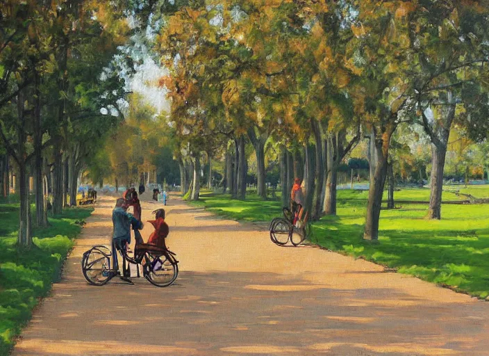 Image similar to a couple on bicycles in the park painting by Viktor Tsvetkov