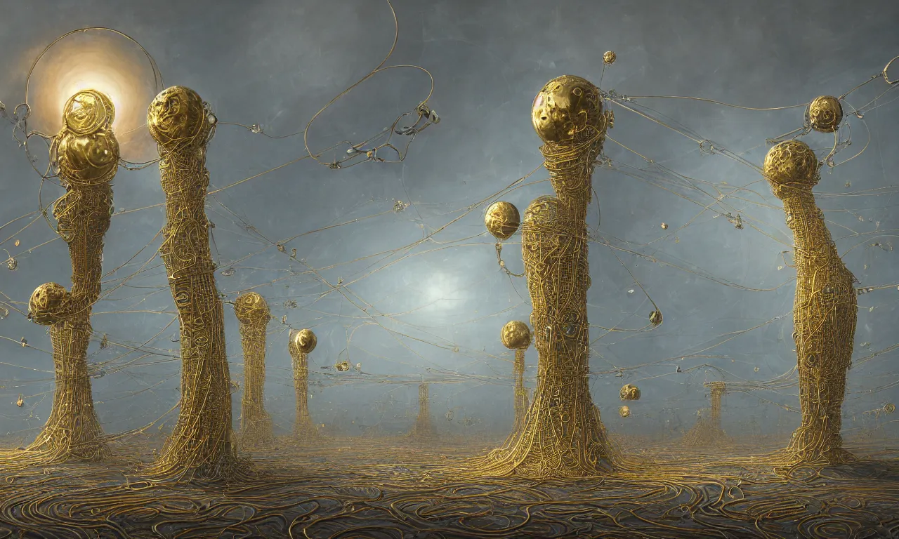 Prompt: A beautiful hyper realistic detailed painting of 2 gigantic tall quantum computers in the middle, gold and silver and brass, filigree and wire, satisfying cable management, by Beksinski, beeple, unreal engine, electronic art featured on artstation, strange rainbow weather phenomena in the sky, singularity depicted by the artist