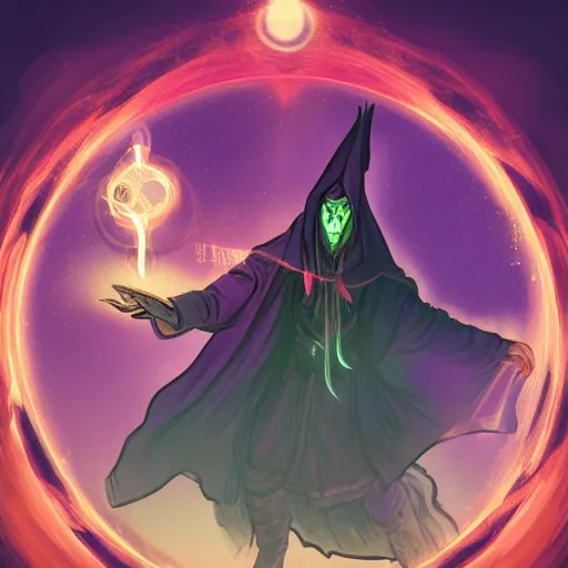 Image similar to a warlock is casting a magic spell while with magic orb floating in his hand , dynamic pose, chromatic aberration , medium level shot, Mucha style , Grim fantasy, illustration ,concept art,