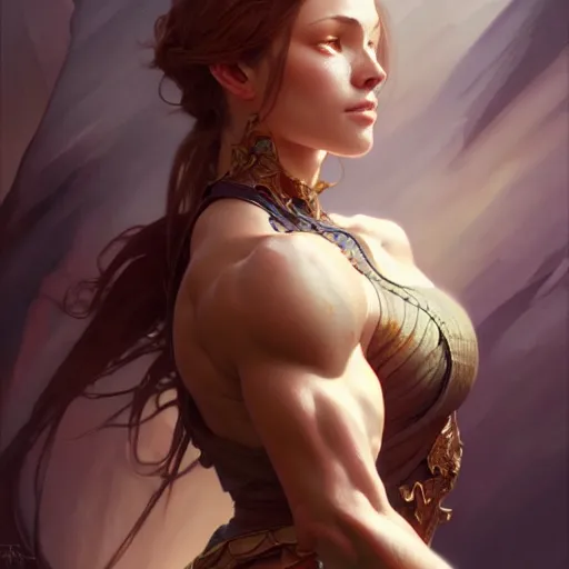 Image similar to , muscular upper body, D&D, fantasy, intricate, elegant, highly detailed, digital painting, artstation, concept art, smooth, sharp focus, illustration, art by artgerm and greg rutkowski and alphonse mucha