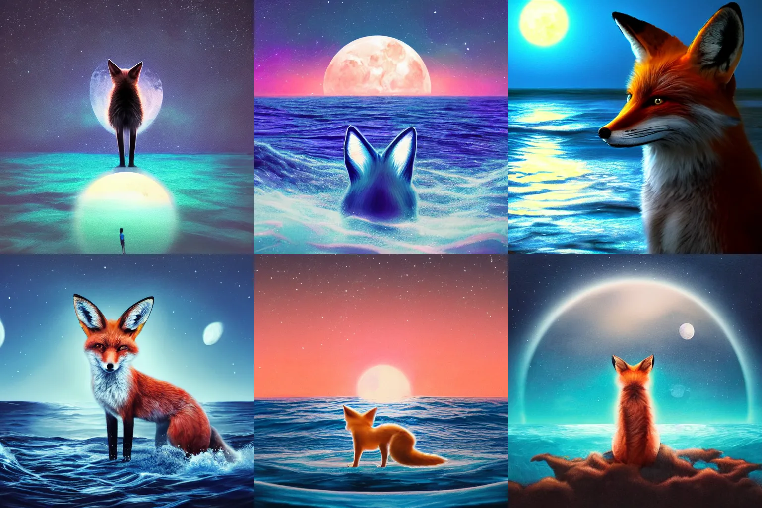 Prompt: close shot of human with fox ears standing in the middle of the ocean, digital art, acrylic, detailed, glows, moonlight,