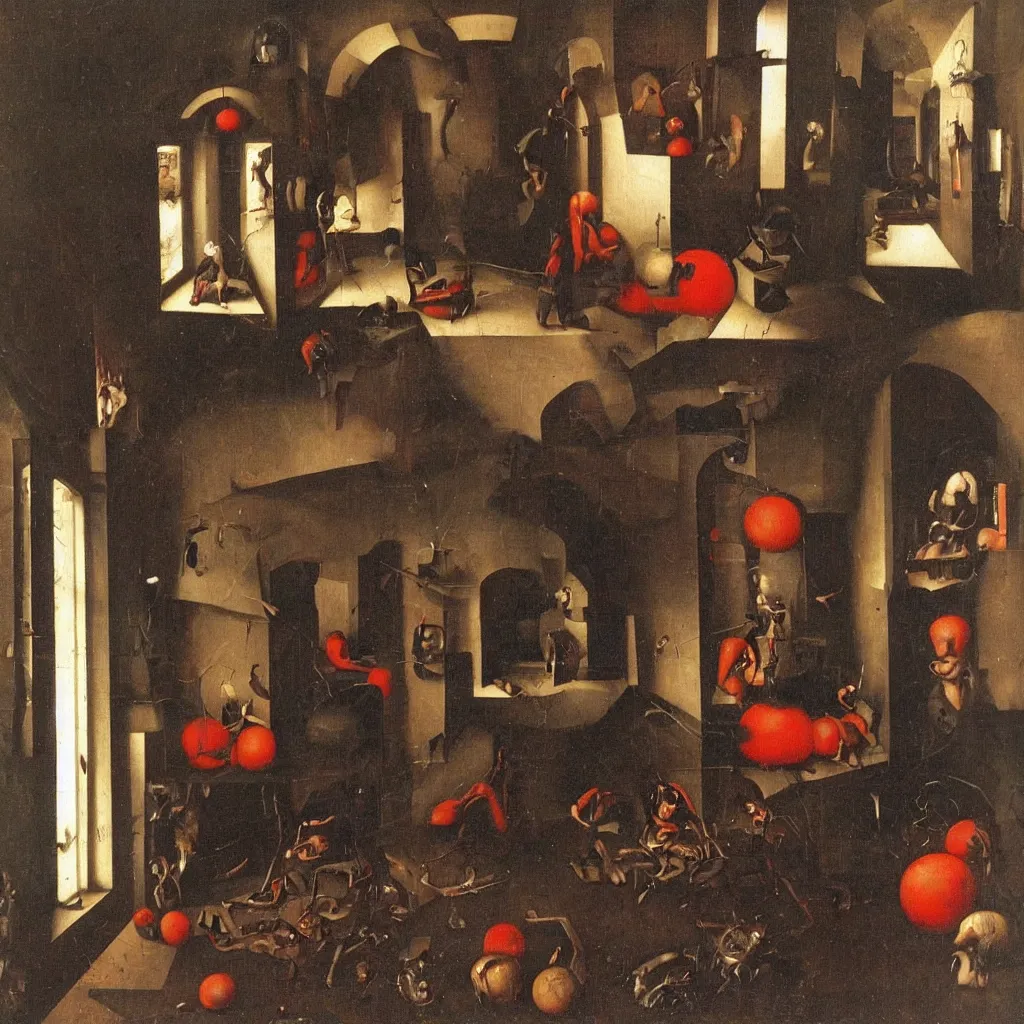 Image similar to dark, gloomy room. on the wooden floor lay red ball. volumetric lighting coming from the broken window. broken photos in frames on walls. chaotic view. creepy feeling. tiny spider hiding in the shadows. hans memling. oil painting.