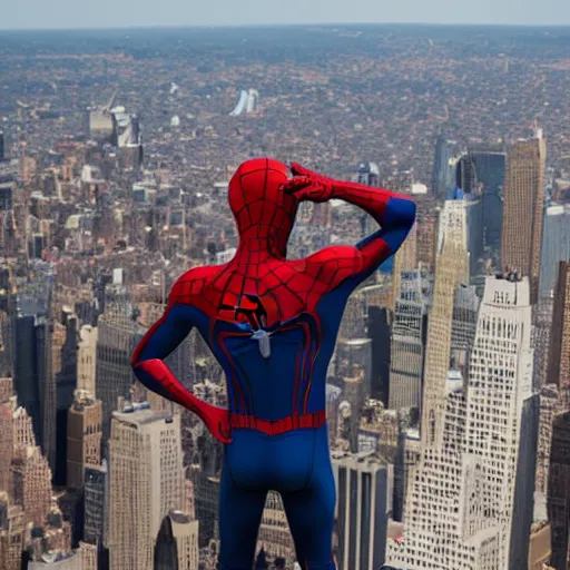 Image similar to marvel spider - man from back standing on top of the empire state building