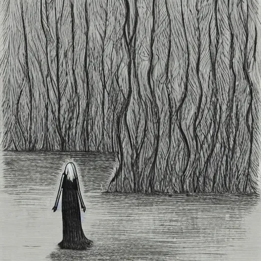 Image similar to ink illustration of tall slender woman with long grey hair in a black dress walking out of a swamp, drawing by graham ingels,