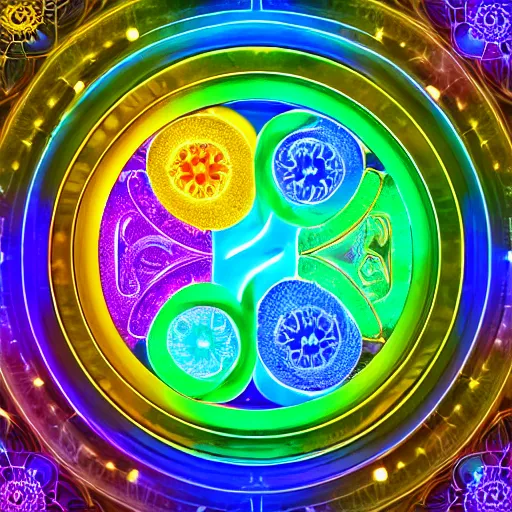 Image similar to rainbowcore, golden yinyang sign glowing, surrounded by lotus, with the sun shining with the moon, with detailed mandala filled with fractals, bioluminescence, glowing runes, de-noise, symmetrical composition, high detailed, super clear, ornate border, 32k immaculate scale, hyper-realistic, Unreal Engine, Octane Render, digital art, trending on Artstation, atmospheric, immaculate