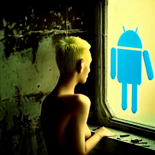 Prompt: worried, beautiful android looks out at you through the window in a dirty abandoned factory, short spiky blonde hair, cyberpunk outfit, kodachrome