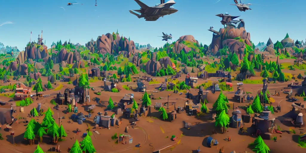 Prompt: cinematic, concept art, Orwellian Disney Land with high walls behind a crowd of climate refuges while F-35 raptors fly the Google logo in a dark sky in the art style of Fortnite, depth of field, 8k, 35mm film grain, unreal engine 5 render