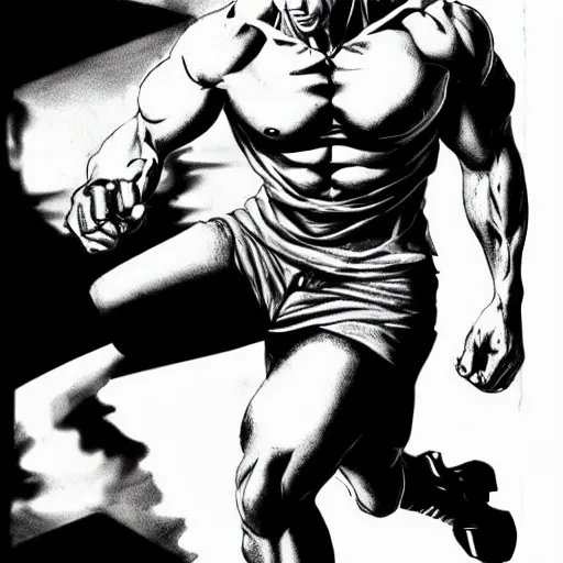 Prompt: Black and white drawing of Vin Diesel walking like a Italian model in JoJo\'s Bizzare Adventure style, highly detailed, sharp focus, 1990 manga panel, anime, ArtStation, art by Hirohiko Araki