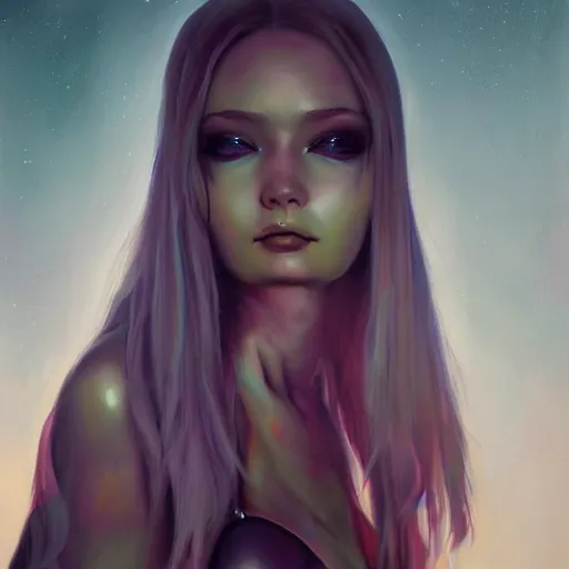 Image similar to a hyperrealistic painting of a beautiful alien priestess in the style of WLOP and Jason Chan