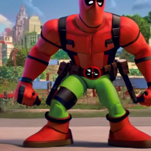 Image similar to Deadpool As seen in Pixar animated movie toy story . 4K quality super realistic