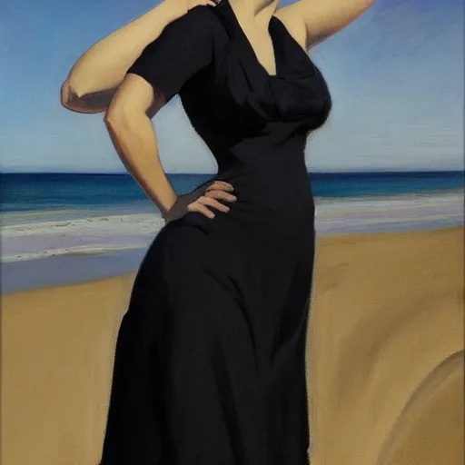 Image similar to woman on the beach in black dress, full body, leyendecker style, camera glare in oil style,