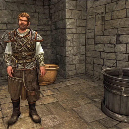 Prompt: Jarl of whiterun doing his laundry