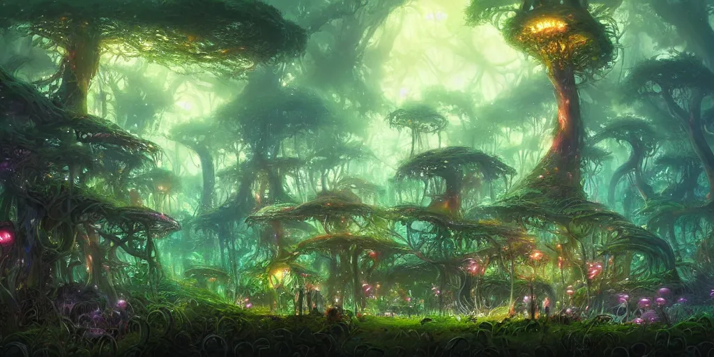 Prompt: enchanted magical fantasy forest, twisting trees, thick bushes, spike - like branches, colorful glowing mushroom scattered, dark atmosphere, by andreas rocha and stephan martiniere