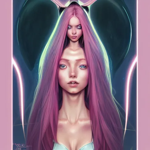 Image similar to portrait of beautiful symmetrical anime alien woman, pink hair, attractive, casual, modern, victoria's secret, highly detailed, digital painting, artstation, concept art, smooth, sharp focus, illustration, art by artgerm, greg rutkowski and alphonse mucha, 8 k,