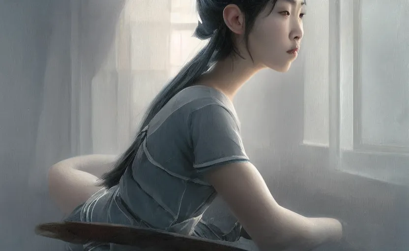 Prompt: beautiful asian woman sitting, soft grey and blue natural light, intricate, digital painting, artstation, concept art, smooth, sharp focus, illustration, art by greg rutkowski and luis rollo and uang guangjian and gil elvgren, symmetry!