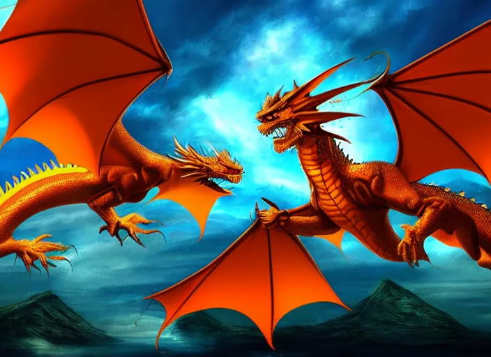 Image similar to orange dragon flying in atlantis, digital wallpaper, dragon, castle, fantasy art, digital art, artwork, perspective, detailed