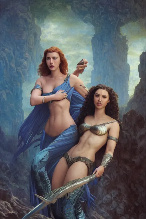 Prompt: A fantasy comic book style Oil Painting portrait of Scarlett Johansson and Gal Gadot, as Atlantean Reptilian Warriors, Mystical Valkyrie, unreal 5, DAZ, hyperrealistic, octane render, Regal, Refined, Detailed Digital Art, RPG portrait, William-Adolphe Bouguereau, Michael Cheval, Walt Disney (1937), François Boucher, Steampunk, dynamic lighting, Highly Detailed, Cinematic Lighting, Unreal Engine, 8k, HD