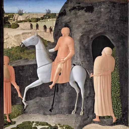 Prompt: Three men on a black horse are entering a cave, ferns, palms, painting by Piero della Francesca