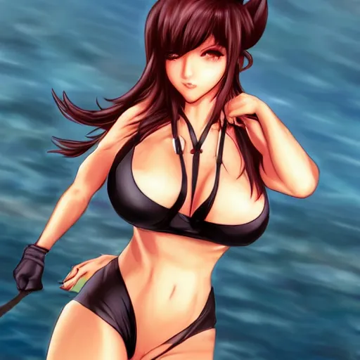 Image similar to beautiful tifa catgirl in a bikini on the beach making eye contact drawn by artgerm