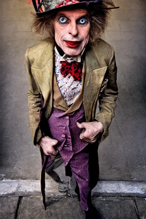 Prompt: a beautiful portrait of the Mad Hatter taken by Steve Mccurry