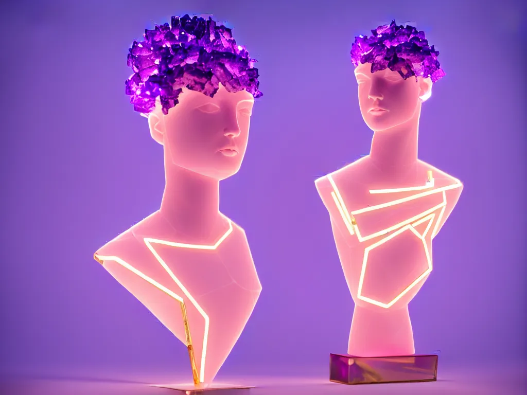 Image similar to beautiful mannequin sculpted out of amethyst by billelis + lit with geometric neon + kintsugi, facing a doorway opening with neon pink geometric light + gold geometric cubed bonsai trees, clean linework, dramatic, finely detailed, rule of thirds, moody, award winning, 4 k, trending on artstation, photorealistic, volumetric lighting, octane render