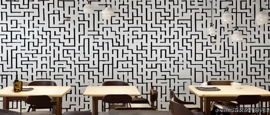 Image similar to a beautiful simple interior 4 k hd wallpaper illustration of small roasted string hotpot restaurant restaurant yan'an, wall corner, from china, yan'an characteristic wall and white tile floor, rectangle white porcelain table, black chair, fine simple delicate structure, chinese style, simple style structure decoration design, victo ngai, 4 k hd