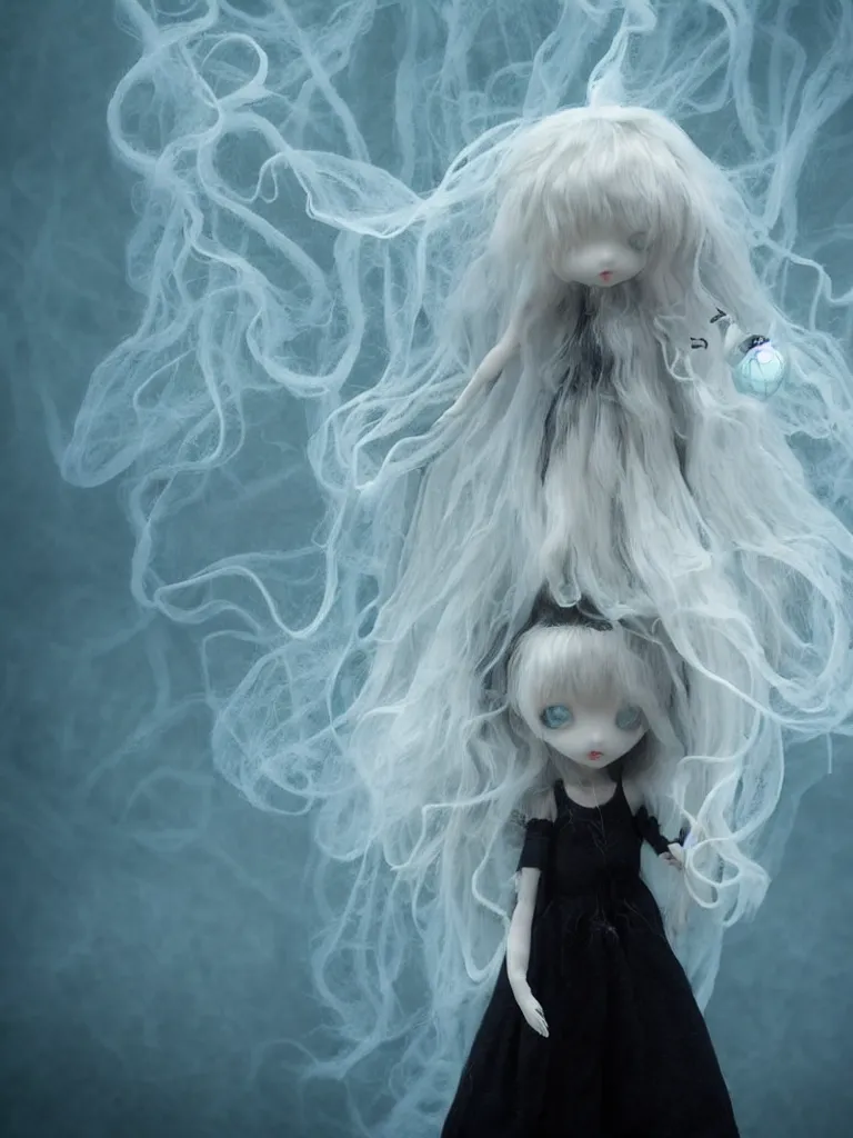 Image similar to cute fumo plush doll of an otherworldly translucent jellyfish goth maiden girl floating in the deep sea, mysterious tattered black tendrils and dress, glowing wraith girl, wisps of volumetric fog and smoke in vortices, vignette, bokeh, vray