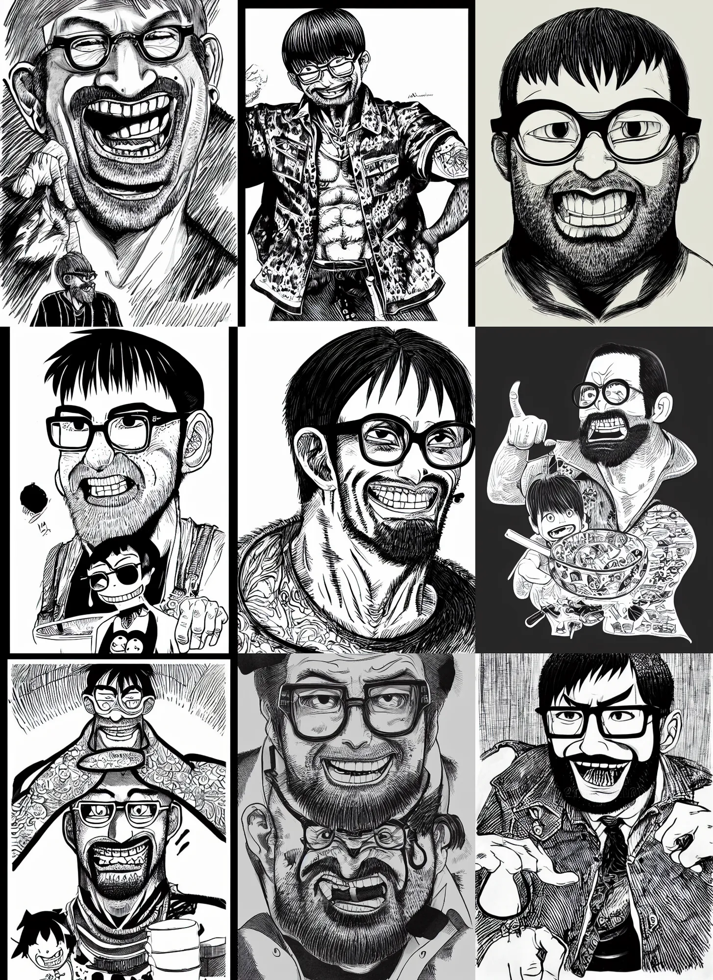 Prompt: highly detailed ink illustration of a buff smiling man with long stubble, square glasses and a bowl cut, wearing a black shirt, b & w clean shaped illustration by kim jung gi and eiichiro oda