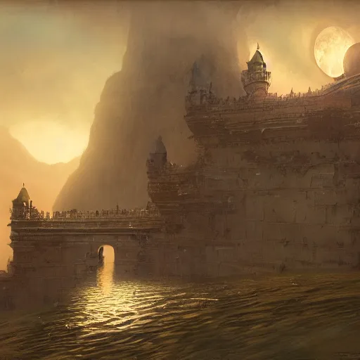 Image similar to Persia temple keep on glorious cliff moat with the crescent moon rippling above. Craig Mullins, Dylan Cole, Liang Mark, Darek Zabrocki, Finnian MacManus, Sung Choi, Ruan jia, Albert Bierstadt Greg Rutkowski, Cinematic Keyframe Environmental & Architectural Design Concept Art, Trending on ArtStation