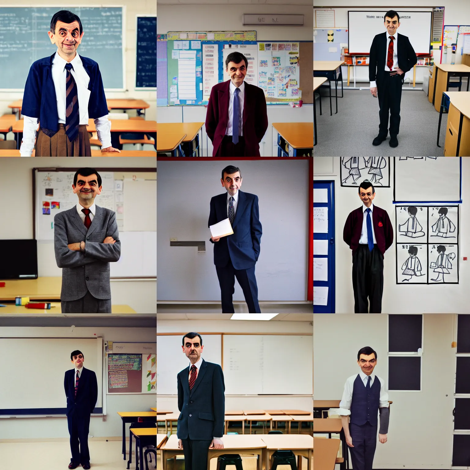 Prompt: mr bean wearing school uniform standing in a classroom, tumblr, full body, stylish, photo by james baynes