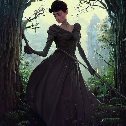 Image similar to audrey hepburn as a witch in an epic fantasy novel, various backgrounds, intricate, elegant, highly detailed, digital painting, artstation, matte, illustration, art by artgerm, greg rutkowski, loish, rhads, ferdinand knab, makoto shinkai, lois van baarle, ilya kuvshinov, rossdraws, tom bagshaw