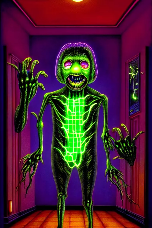 Prompt: a hyperrealistic painting of an electricity creature specter high voltage horror, glowing in the mansions lobby, cinematic horror by chris cunningham, lisa frank, richard corben, highly detailed, vivid color,