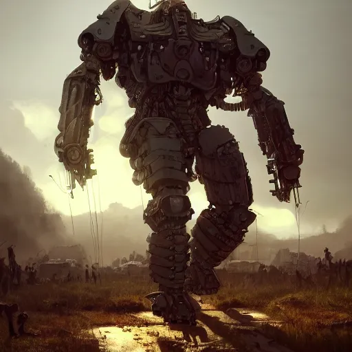 Image similar to a walking mechanical goliath with alot of guns moving through an open field, au naturel, hyper detailed, digital art, trending in artstation, cinematic lighting, studio quality, smooth render, unreal engine 5 rendered, octane rendered, art style by klimt and nixeu and ian sprigger and wlop and krenz cushart