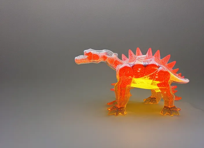 Image similar to photo of a translucent clear pixar 3 d style baby dinosaur stegosaurus, with symmetrical head and eyes, made out of clear plastic, but has red hypercolor glowing electric energy inside its body, and electricity flowing around the body. in the forest.. highly detailed. intricate design by pixar