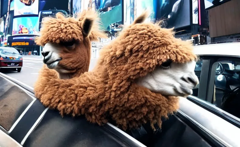 Prompt: a old photo of alpaca sitting in a car, looking out of the window and his hair is flying in the wind, riding through times square 8 k