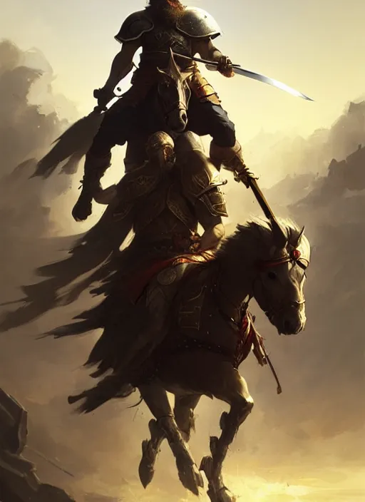 Prompt: epic bearded war commander holding gigantic sword and large shield riding a horse. highly detailed, digital painting, concept art, smooth, sharp focus, illustration, art by greg rutkowski