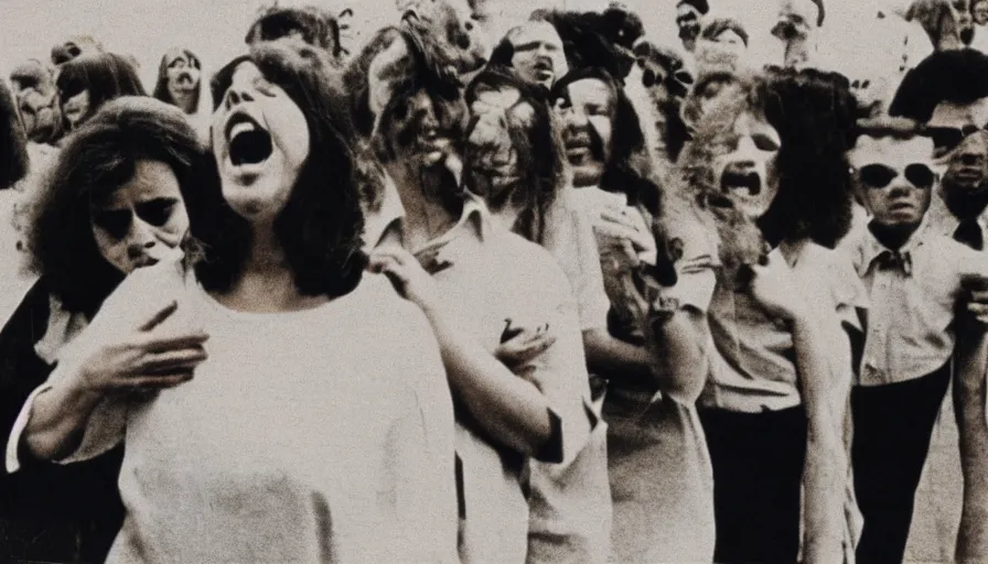 Image similar to 7 0 s film still from a horror movie with people laughing at a funeral, kodachrome, cinecolor, cinestill, photorealism, cinematic, film grain, film texture, vhs recording