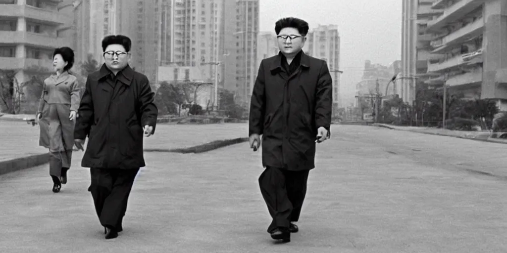 Image similar to kim jong - il walking in 1 9 6 0 s pyongyang, epic thriller in the style of ghost in the shell by mamoru oshii