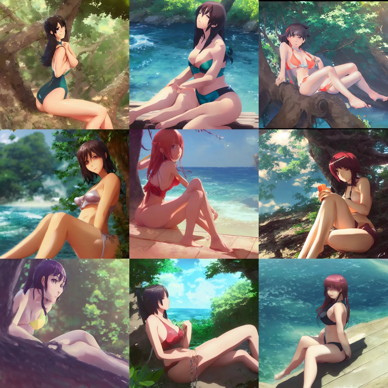 Prompt: 25 year old woman sitting in a tree in a bikini, makoto shinkai, Krenz Cushart, very detailed, matte, tone mapping, bbwchan, 4K